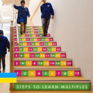 May include: A set of stairs with colorful numbers on each step. The numbers are in multiples of 1, 2, 3, 4, 5, 6, 7, 8, 9, and 10. The text "STEPS TO LEARN MULTIPLES" is at the bottom of the stairs.