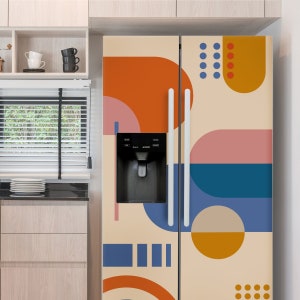 Geometric Fridge Wrap Boho Refrigerator Wrap Vinyl Side by Side Decorative Top Bottom Fridge Decals Skin Self Adhesive Modern Kitchen Decor