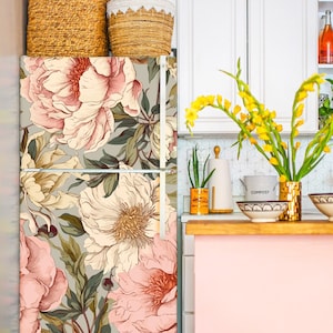 Floral Fridge Wrap Vintage Refrigerator Wrap Vinyl Side by Side Pink Teal Fridge Decals Bottom Decorative Self Adhesive Flower Kitchen Decor