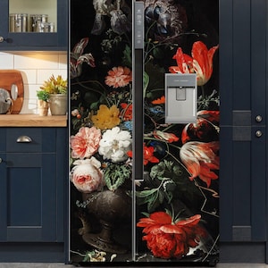 Koelkastomslag vintage bloemen, retro koelkastomslag vinyl naast elkaar, zwarte decoratieve koelkaststickers zelfklevend, bloemen keukendecor