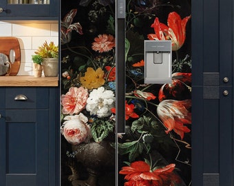 Refrigerator Wrap Vintage Floral, Retro Fridge Wrap Vinyl Side by Side, Black Decorative Fridge Decals Self Adhesive, Flower Kitchen Decor