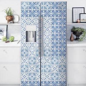 Blue Tiles Fridge Wrap Side by Side Refrigerator Decals Vinyl Wrap Top Bottom Freezer Fridge Stickers Removable Fridge Mural Kitchen Decor