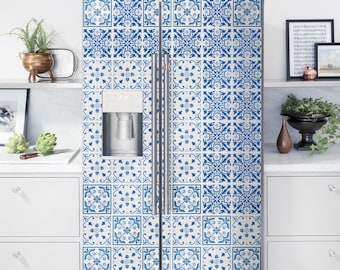 Blue Tiles Fridge Wrap Side by Side Refrigerator Decals Vinyl Wrap Top Bottom Freezer Fridge Stickers Removable Fridge Mural Kitchen Decor