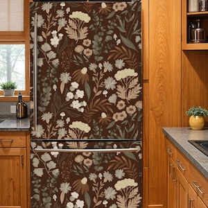 Fridge Wrap Floral Brown Vinyl, Refrigerator Wrap Side by Side Fridge Decal Top Bottom Freezer Decorative Self Adhesive Flower Kitchen Decor