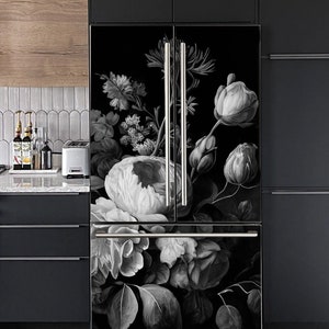Black & White Fridge Wrap Floral, Vintage Refrigerator Wrap Vinyl, Side by Side Fridge Decals Bottom Decorative Self Adhesive Kitchen Decor