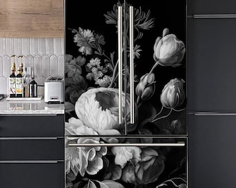 Adesivo per frigorifero in bianco e nero con motivo floreale, adesivo vintage per frigorifero in vinile, adesivi decorativi autoadesivi per frigorifero side-by-side, decorazione per la cucina.