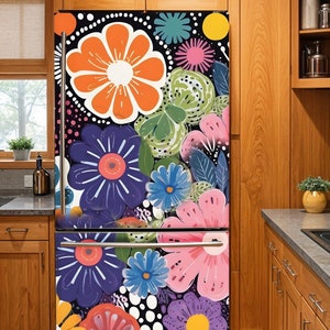 Floral Fridge Wrap Vinyl, Refrigerator Wrap Side by Side Colorful Flower, Fridge Decals Top Bottom, Decorative Self Adhesive Kitchen Decor