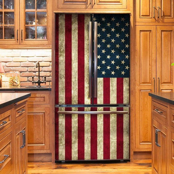 Retro US Flag Fridge Wrap Refrigerator Wrap Side by Side American Flag Vintage Vinyl Rustic Decorative Fridge Decals Self Adhesive Decor