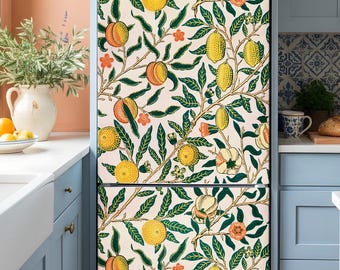 William Morris Lemon Fridge Wrap, Vintage Botanical Refrigerator Wrap, Retro Kitchen Fridge Cover Vinyl