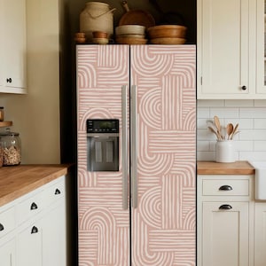 Fridge Wrap Beige Geometric Vinyl, Refrigerator Wrap French Doors, Top Bottom Freezer, Side by Side Skin Cover, Custom Boho Kitchen Decor