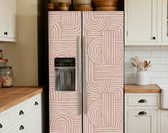 Fridge Wrap Beige Geometric Vinyl, Refrigerator Wrap French Doors, Top Bottom Freezer, Side by Side Skin Cover, Custom Boho Kitchen Decor