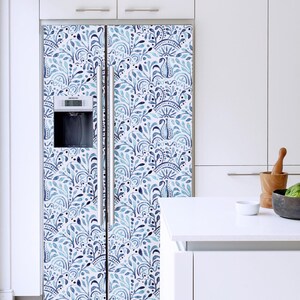Coastal Blue Fridge Wrap, Side-by-Side Refrigerator Vinyl Kitchen Decor, Top Bottom Freezer Skin