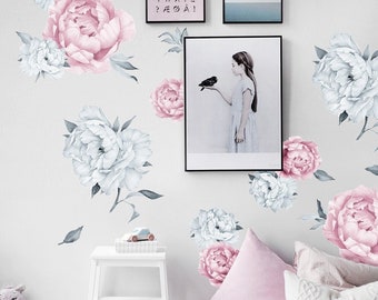 Peony Flower Wall Decal Nursery Girls, Pink Peony Wall Decals Peel and Stick, Gray Peony Wall Stickers Bedroom, Floral Wall Decal For Wall