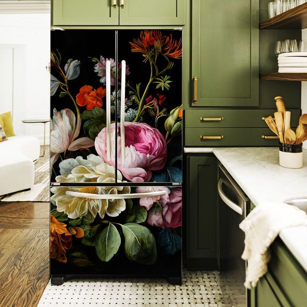 Fridge Wrap Dark Floral Vinyl, Refrigerator Wrap Side by Side Vintage Black Decals Top Bottom Decorative Self Adhesive Flower Kitchen Decor