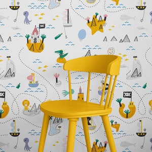 Papier peint pour chambre de garçons, carte de pirate avec autocollants, papier peint enfants navires pour chambre de garçons, papier peint chambre de bébé garçon, décoration murale auto-adhésive