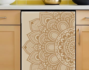 Funda magnética para lavavajillas de color beige, calcomanía magnética de vinilo para lavavajillas de cocina estilo bohemio, envoltura autoadhesiva decorativa para cocina con diseño de mandala