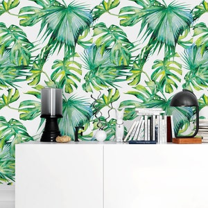 Tropical Leaves Wallpaper, Palm Leaf Wallpaper Peel and Stick, Monstera Wallpaper Self Adhesive, Green Leaves Peel and Stick Removable Mural
