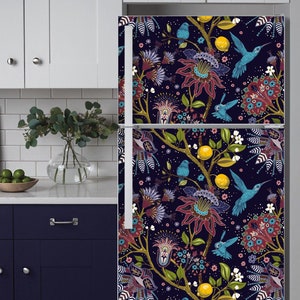 Refrigerator Wrap Side by Side Floral, Vintage Fridge Wrap Vinyl, Fridge Decals, Fridge Stickers, Fridge Mural, Removable Refrigerator Skin