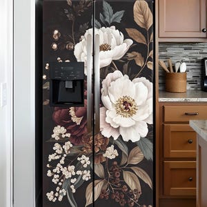 Fridge Wrap Brown Floral Vintage, Refrigerator Wrap Vinyl Side by Side Fridge Decal Top Bottom Decorative Self Adhesive Flower Kitchen Decor