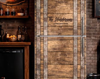 Personalized Fridge Wrap Whiskey Barrel, Custom Rustic Refrigerator Vinyl Decal, Farmhouse Wood Man Cave Decor