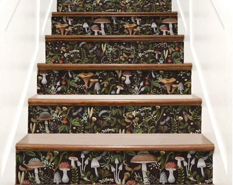 Stair Riser Decals Botanical, Dark Mushrooms Stair Decals, Staircase Decals Peel & Stick Vinyl, Stair Riser Stickers, Stairway Strips Decor