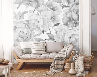 Carta da parati Peonia in bianco e nero, Carta da parati peonie Peel & Stick, Grande carta da parati floreale di peonia Camera da letto, Carta da parati a fiori di peonia autoadesiva
