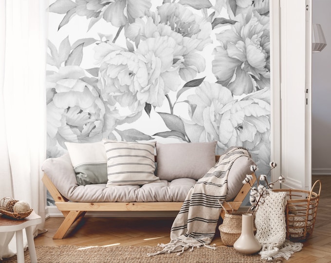 Peony Wallpaper Black and White Peonies Wallpaper Peel & Etsy