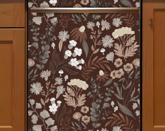 May include: A dishwasher cover with a dark brown background and a floral pattern in shades of white, beige, and gray. The design features various flowers, leaves, and botanical elements, creating a natural, decorative look for the kitchen appliance.