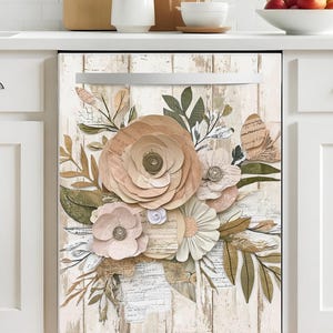 Dishwasher Magnet Cover Paper Flowers, Rustic White Kitchen Dishwasher Cover Magnetic Decal Vinyl Sticker Boho Self Adhesive Door Skin Decor