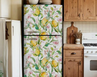 Fridge Wrap Lemons, Refrigerator Wrap Vinyl Side by Side French Doors Fridge Decal, Top Bottom Freezer Skin, Vintage Farmhouse Kitchen Decor