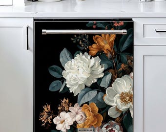 Floral Dishwasher Magnet Cover, Dark Vintage Flower Dishwasher Decal, Black Kitchen Decor