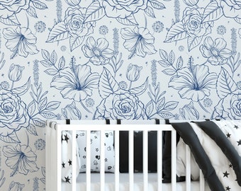 Papel tapiz floral azul autoadhesivo, papel tapiz floral vintage para dormitorio, papel tapiz floral azul para habitación infantil, mural de pared extraíble.
