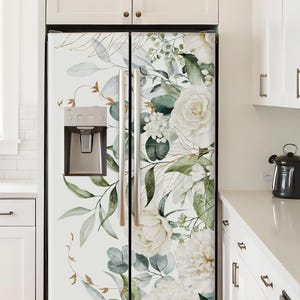 Fridge Wrap Vinyl Floral, Refrigerator Wrap Side by Side, Fridge Decals Top Bottom Freezer, Decorative Self Adhesive Flower Kitchen Decor
