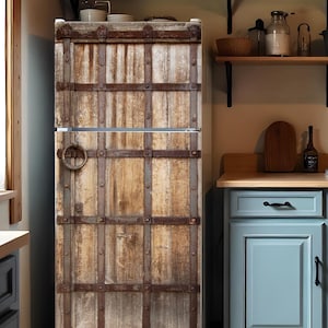 Old Wood Fridge Wrap, Farmhouse Vintage Refrigerator Wrap Vinyl Side by Side, Top Bottom Rustic Barn Door Decorative Fridge Decal Adhesive