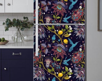 Fridge Wrap Dark Floral Hummingbird, Refrigerator Wrap Vinyl Decals, Top Bottom Doors Skin Custom Decor