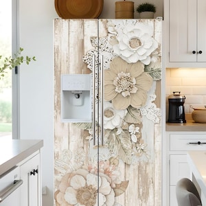 Fridge Wrap Floral Beige, Refrigerator Wrap Vinyl Side by Side Top Bottom Freezer, Fridge Decal Self Adhesive Flower Rustic Kitchen Decor