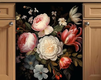 Dishwasher Magnet Cover Floral, Vintage Dark Flower Magnetic Wrap for Dishwasher Door, Vinyl Decal  Self Adhesive Kitchen Decor
