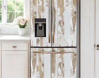 May include: A white refrigerator with a wood-look design. The refrigerator has a water dispenser and a freezer compartment.