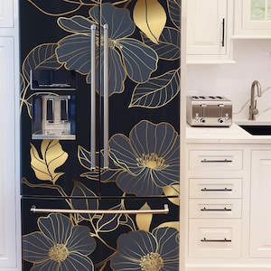 Fridge Wrap Vinyl Floral, Refrigerator Wrap Side by Side Gold Black Fridge Decals Top Bottom, Decorative Self Adhesive Flower Kitchen Decor