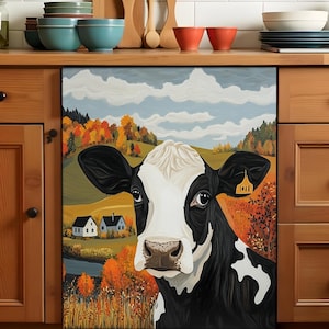 Farmhouse Dishwasher Magnet Cover Cow, Magnetic Dishwasher Door Wrap Decal Vinyl Decorative Skin Rustic Painting Kitchen Decor Self Adhesive