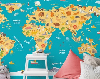World Map Wallpaper for Kids Room, Kids Map Wallpaper Peel and Stick, World Map Mural, Self Adhesive Removable Vinyl Wallpaper Kids Bedroom