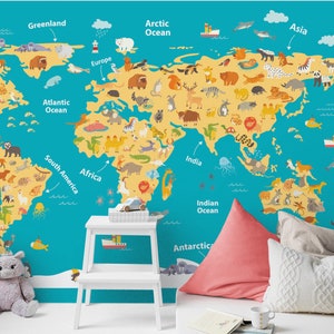 World Map Wallpaper for Kids Room, Kids Map Wallpaper Peel and Stick, World Map Mural, Self Adhesive Removable Vinyl Wallpaper Kids Bedroom