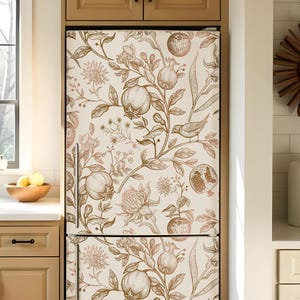 Fridge Wrap Vinyl Vintage Floral, Refrigerator Wrap Side by Side, Fridge Decals Top Bottom Freezer Decorative Self Adhesive Skin Beige Decor