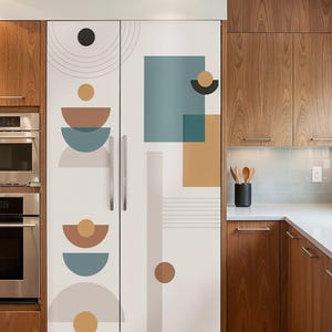 Geometric Fridge Wrap, Mid Century Modern Refrigerator Decal, Beige Kitchen Decor