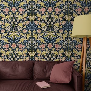 Victorian Wallpaper Peel & Stick for Bedroom, Vinyl Wallpaper William Morris Inspired, Antique Dark Floral Wallpaper Removable Self Adhesive