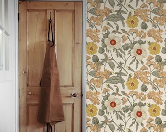 Tapet med vintageblommor, självhäftande, bohemisk vinyltapet för sovrum, senapsgul blommig tapet, avtagbar självhäftande rulle