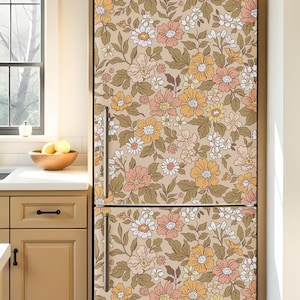 Boho Fridge Wrap Floral Vintage, Refrigerator Wrap Vinyl Side by Side, Retro Decorative Fridge Decals Self Adhesive, Flower Kitchen Decor