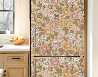 Fridge Wrap Retro Floral, Refrigerator Wrap Side by Side, Vintage Decorative Fridge Vinyl Decals Self Adhesive, Beige Flower Kitchen Decor