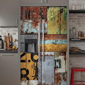 May include: A refrigerator with a custom door wrap featuring a patchwork design of weathered metal panels. The panels display a mix of colors including rust, yellow, blue, and gray, with visible numbers and textures, creating an industrial aesthetic.