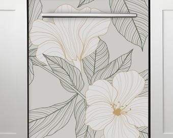 May include: A dishwasher cover with a floral pattern. The design features large white and gold hibiscus flowers and green leaves on a light grey background. The floral design is in a line drawing style, adding a touch of elegance to the kitchen appliance.